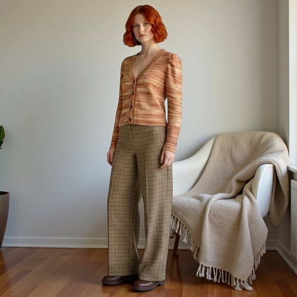 NIC+ZOE V-Neck Mohair Cardigan Sz.S Knit Brown Orange Striped Boho Academia - Picture 13 of 13